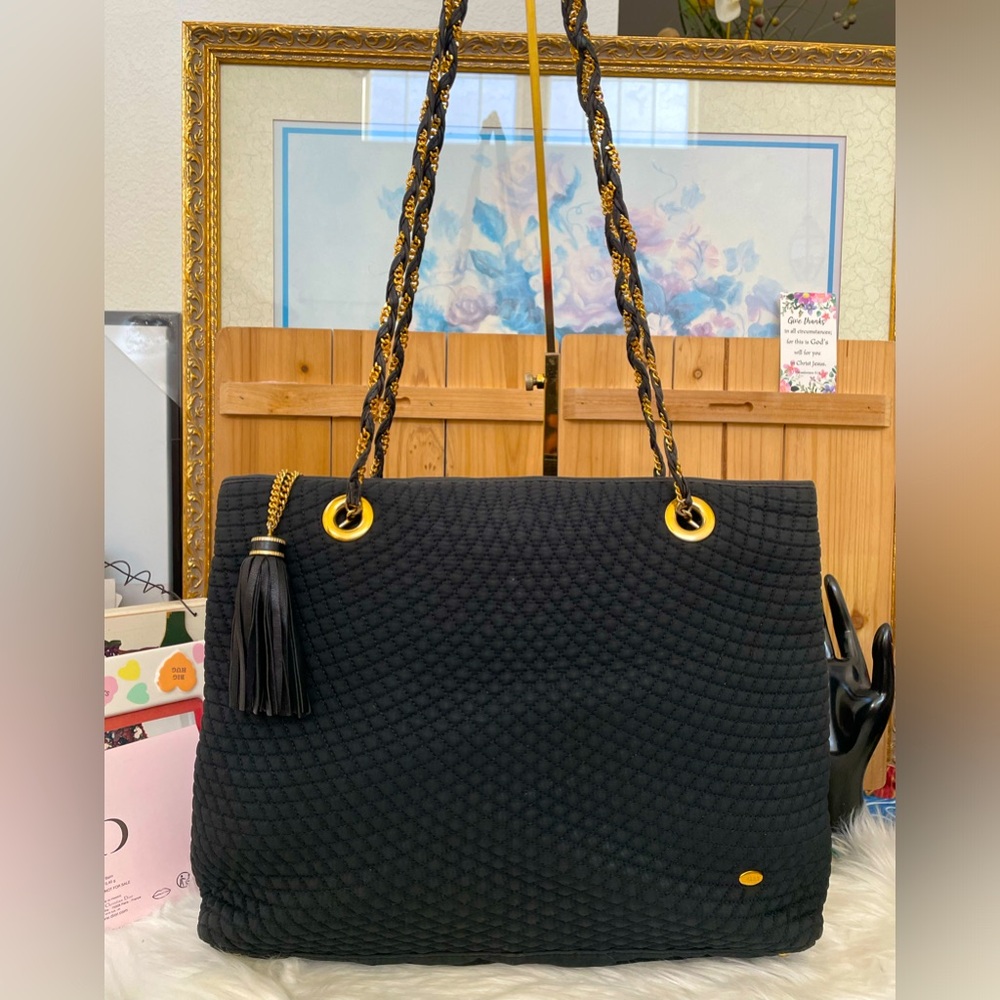 Bally Quilted Cloth Material with Gold Chain /Leather Strap Handle
